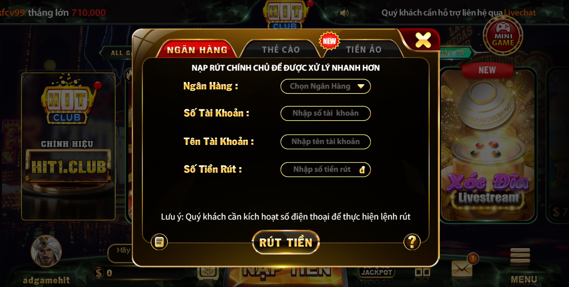 lưu ý khi nạp tiền Hit Club